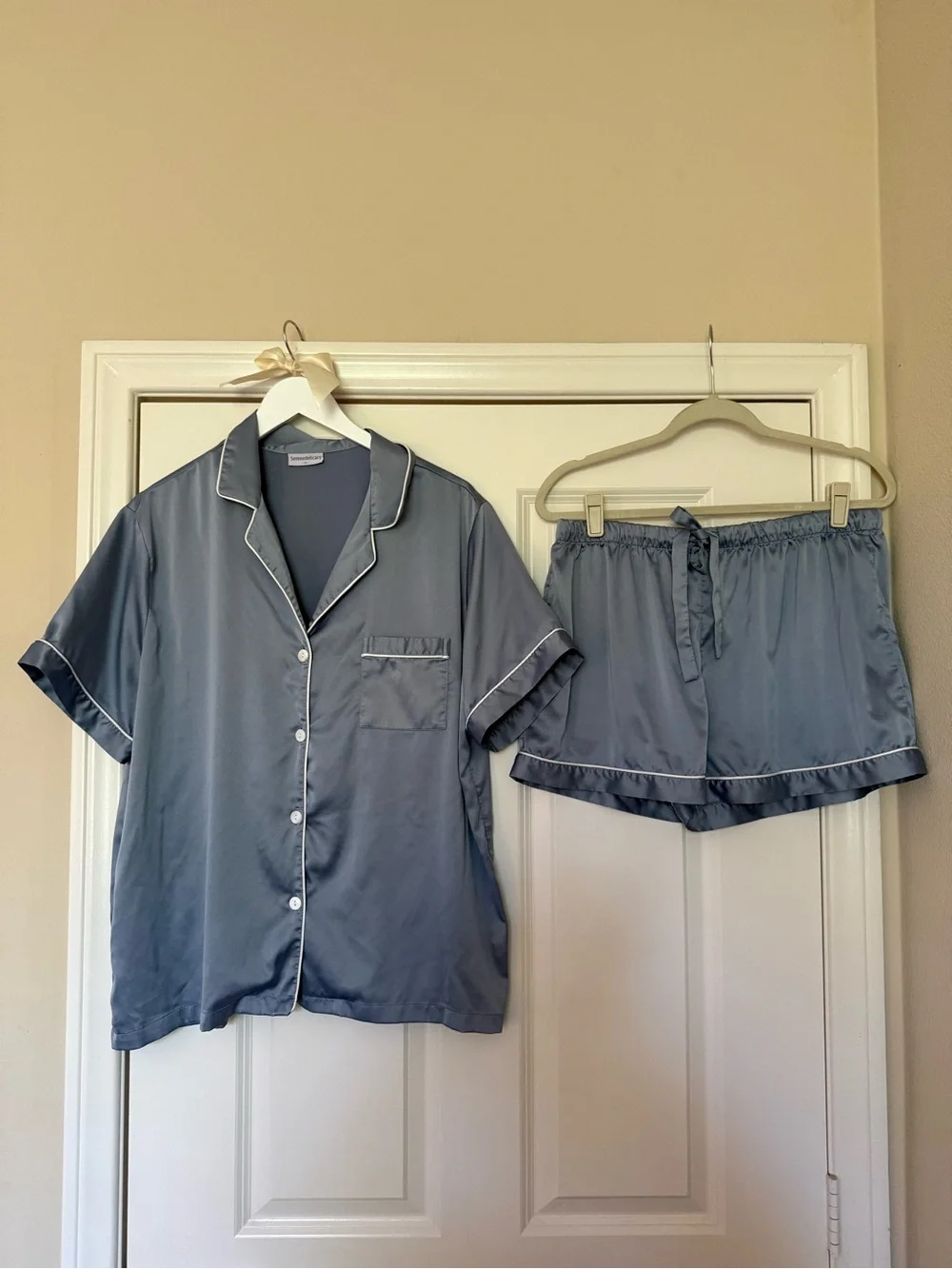 Dusty Blue Satin Short-Sleeve Pajama Set
